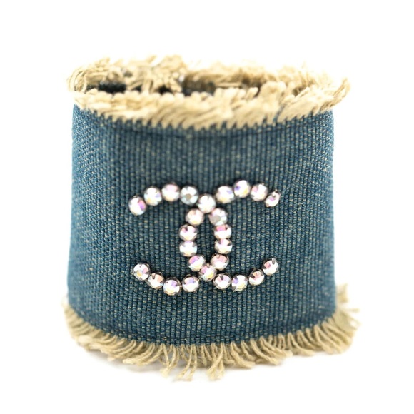 CHANEL 01P ADJUSTABLE DENIM CUFF BRACELET AURORA CRYSTAL CC w/COA Full I… - Picture 2 of 11